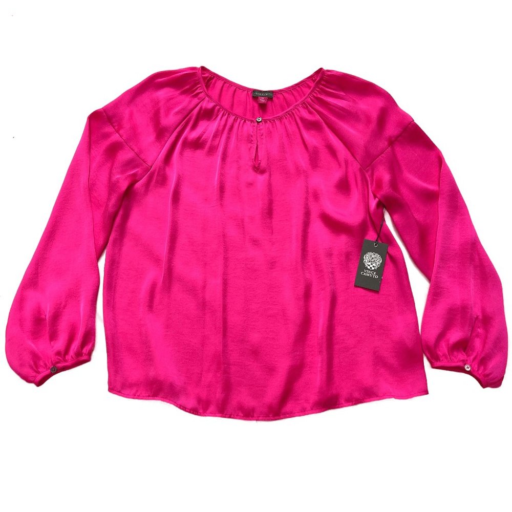 VINCE COMUTO HOT PINK GARDEN ROMANCE PUFF SLEEVES SATIN BLOUSE